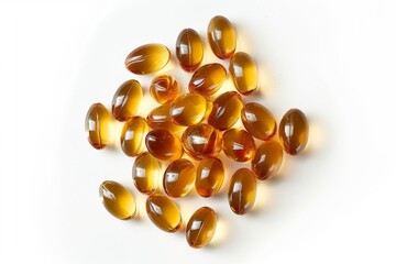 Fototapeta premium Top view of salmon fish oil capsules on white background Omega 3 and Vitamin E supplements