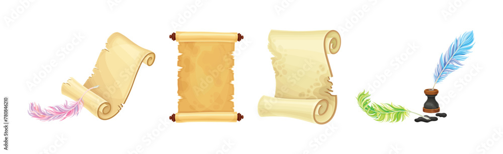 Poster old scroll manuscript with quill and inkstand vector set