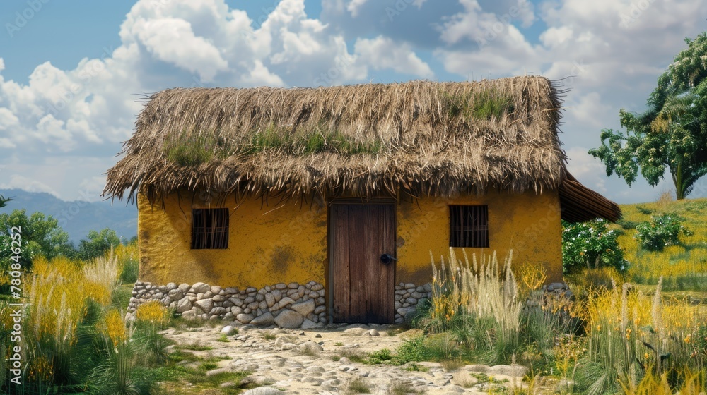 Aufkleber a quaint yellow building with a thatched roof, suitable for various projects