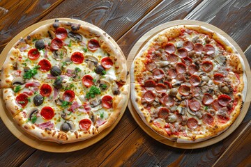Top view of two plates of Italian pizza with vegetable mushroom beef and pepperoni on a wooden table