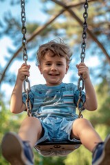 A young boy sitting on a swing. Suitable for childhood themes