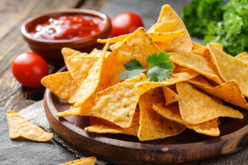 Tortilla chips with tomato dip on white