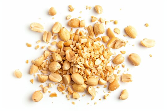 Top view of whole groundnut pieces and peanut fractions on white background
