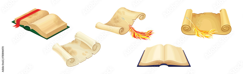 Aufkleber old book in hard cover with pages and scroll vector set