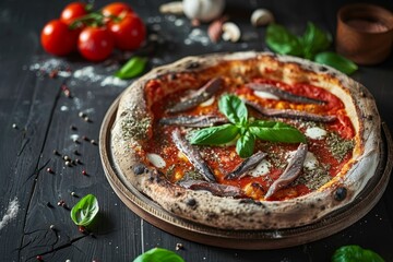 Traditional Italian pizza with tomato mozzarella anchovy and basil on wooden table - obrazy, fototapety, plakaty