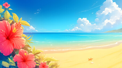 Fototapeta na wymiar Tropical paradise background with hibiscus flowers on beach backdrop. Bright summer sunny day template design with a copy space for text