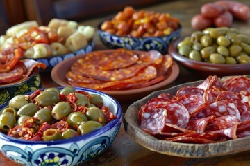 Traditional Spanish tapas presentation with a variety of sliced meats bowls of olives peppers anchovies spicy potatoes and mashed chickpeas on a wooden table