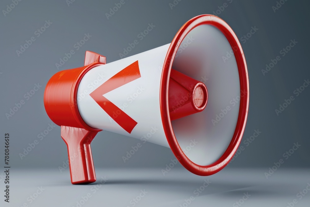 Poster a red and white megaphone with an arrow pointing up. perfect for announcements and promotions