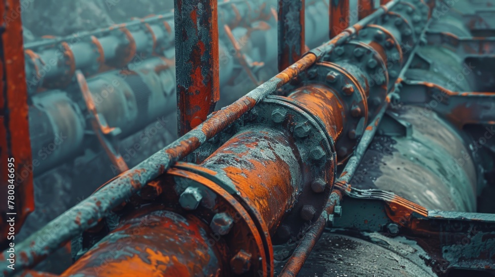 Poster a rusty pipe attached to a building. suitable for industrial concepts