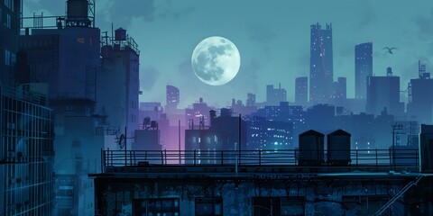 Surreal Urban Nightscape with Full Moon Serenity