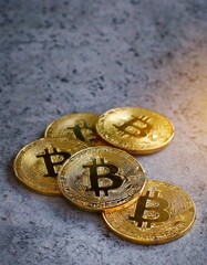 Bitcoin Münzen auf grauem Boden glänzen. Goldene Bitcoins liegen auf Platte - Gold und Bitcoins im Gleichschritt - drei - obrazy, fototapety, plakaty
