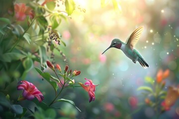 Fototapeta premium Tropical hummingbird gracefully flying in a blurred garden