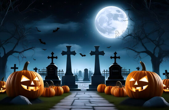 Ghostly ambiance surrounds this cemetery at night, enhanced by decorative pumpkins and a moon.