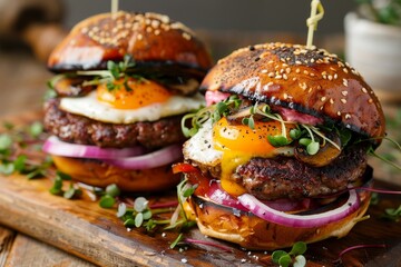 Two beef burgers with mushrooms micro greens red onion eggs and beet sauce on wooden board Close up - Powered by Adobe
