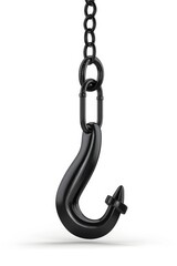 A black hook with a chain attached. Suitable for industrial and construction themes