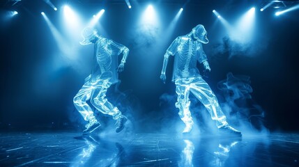 high quality full body xray of two hip-hop dancer. in background stage lights