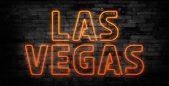 Las Vegas neon sign. City and landmarks in circle on brick wall background. Vector illustration in neon style for touristic banners and billboards