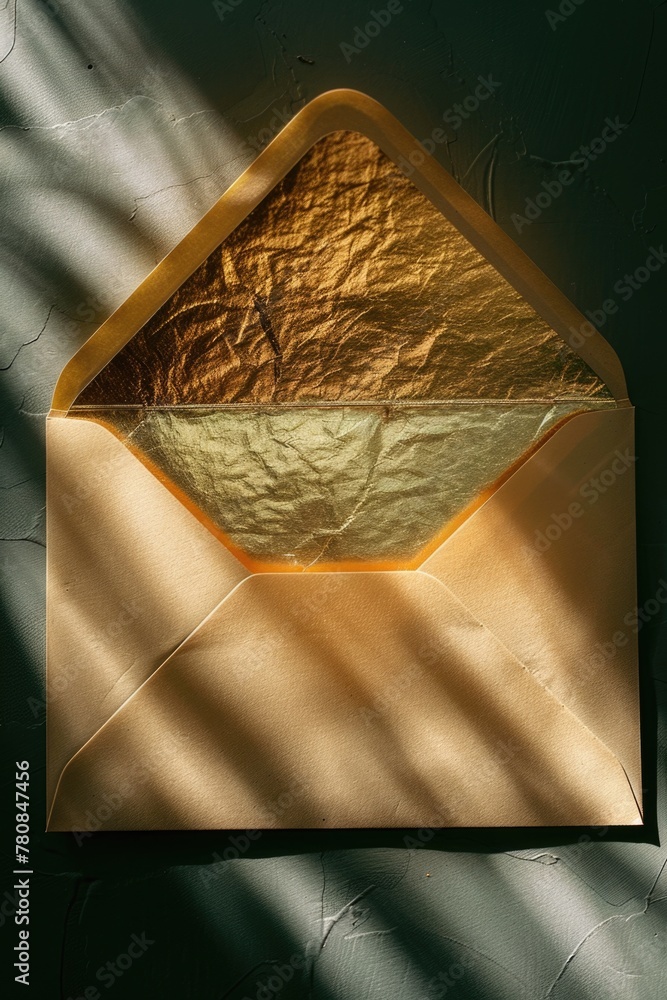 Poster A simple image of an open envelope with a shiny gold foil inside. Ideal for business or luxury concept