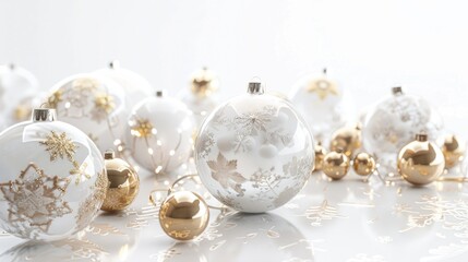 Elegant white and gold Christmas decorations, perfect for holiday design projects