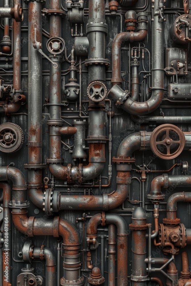 Poster a collection of pipes and valves mounted on a wall. suitable for industrial and engineering concepts