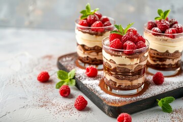 Valentine s day concept Italian dessert tiramisu with raspberries served in portion glasses on a wooden board against a light concrete backdrop