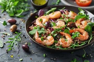 Vegan salad with quinoa arugula shrimp olives on dark stone table Add text
