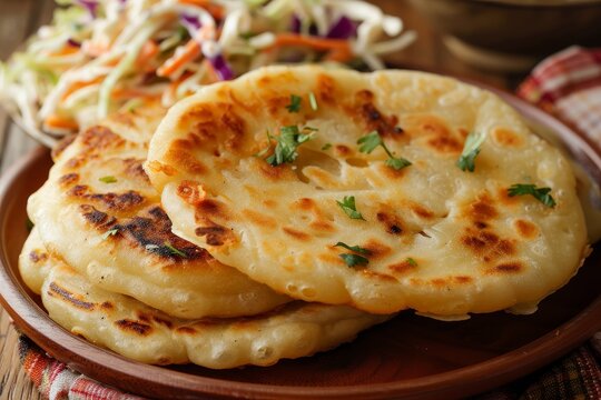 Vegetarian pupusas with coleslaw close up on a table
