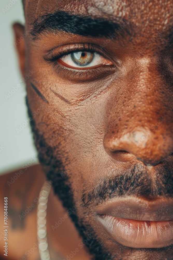 Poster close-up of a man's face with a chain necklace, suitable for various concepts and designs