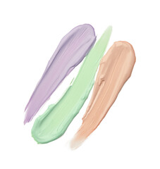 Strokes of pink, green and purple color correcting concealers on white background, top view