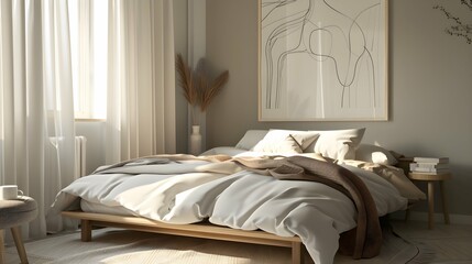 cozy modern scandi style bedroom with wooden bed, white and beige blanket and pillow, sunlight from window, cream curtain on grey wall with art, plant, for interior design background 