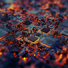 Futuristic Close-up of Glowing Electronic Circuit Board with Components