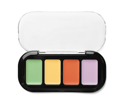 Colorful correcting concealer palette isolated on white, top view