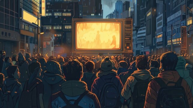 Crowd of people on the street watching a big old TV. AI generative.