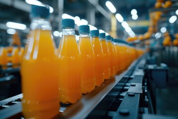 Line of orange juice bottles on a conveyor belt, suitable for manufacturing or beverage industry concepts