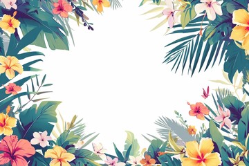 Tropical flowers and leaves border on a white background. Summer vacation and travel concept. Frame illustration for design, invitation, greeting