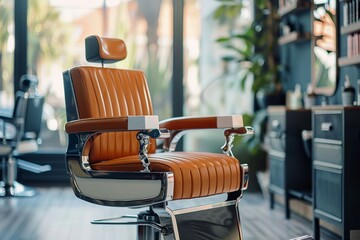 Vintage barber chair in stylistic barbershop setting for men s grooming - obrazy, fototapety, plakaty