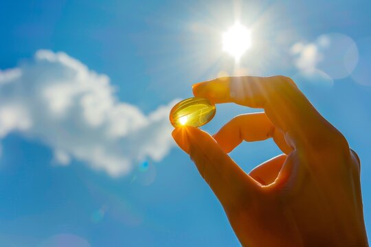 Vitamin D from sun helps maintain health Holding yellow fish oil capsule in sunshine