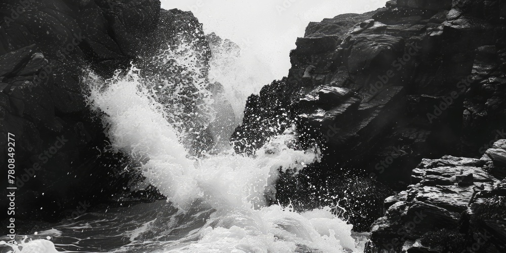 Poster Powerful wave crashing over rocks. Suitable for nature and power concepts