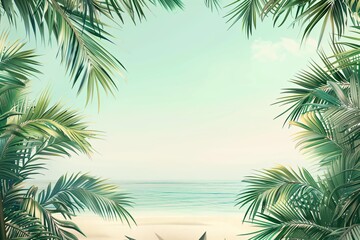 Fototapeta na wymiar Tropical beach scene with palm tree. Summer vacation and travel concept. Frame design for banner, greeting, invitation. Vintage style