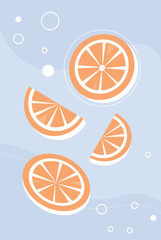 Half and slice orange fruit vertical banner. Tropical summer fruit flat hand drawn vector illustration