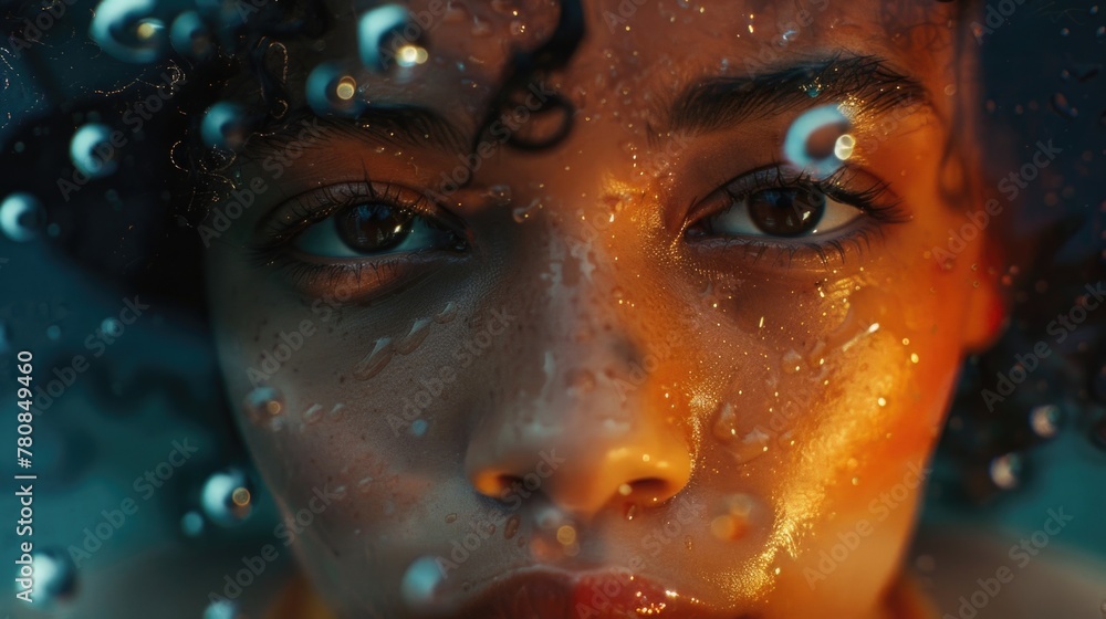 Poster a close up of a woman's face in the rain. suitable for weather or emotion concepts