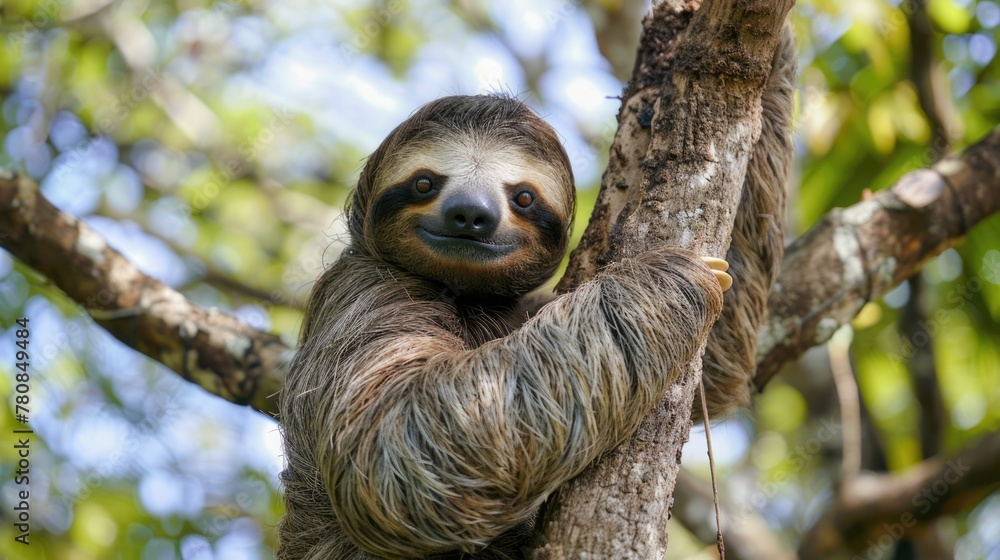 Poster a cute sloth hanging from a tree branch, suitable for nature and wildlife concepts