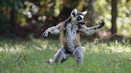 A lemur standing on its hind legs in the grass. Suitable for nature and wildlife themes