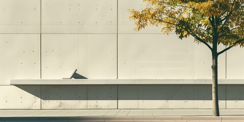 Empty gray concrete wall. a solitary autumn tree casts a delicate shadow on the smooth, minimalist facade of a modern building, symbolizing the intersection of urban design and natural beauty