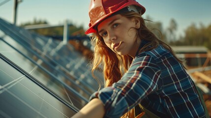 Woman worker installing solar panels - obrazy, fototapety, plakaty
