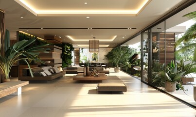 A living room with nature colors walls, modern lighting in the ceiling, wooden furniture and plants
