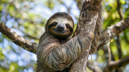 Naklejka premium A cute sloth hanging from a tree branch, suitable for nature and wildlife concepts