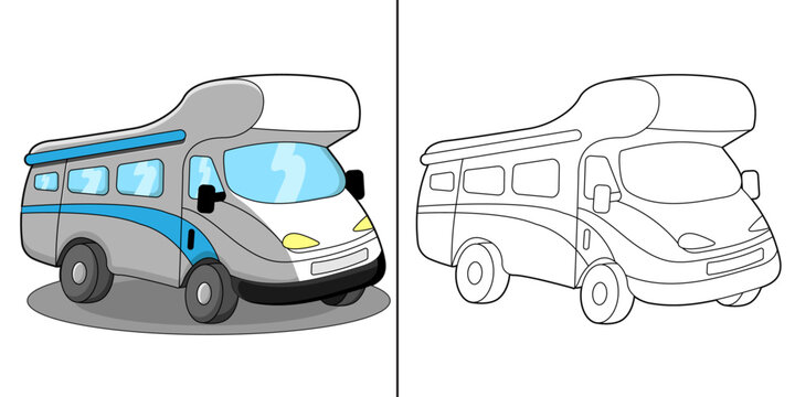Motorhome, mobile home or campervan coloring page for kids also use as a standalone illustration of a mobile home