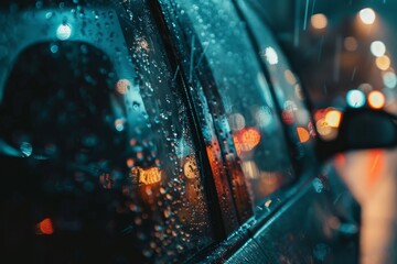 Wet glass window of a vehicle with falling raindrops and snow in freezing indoor background seen up close