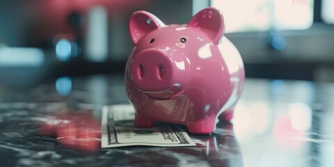 Obraz premium A pink piggy bank sitting on top of a pile of money. Perfect for financial concepts